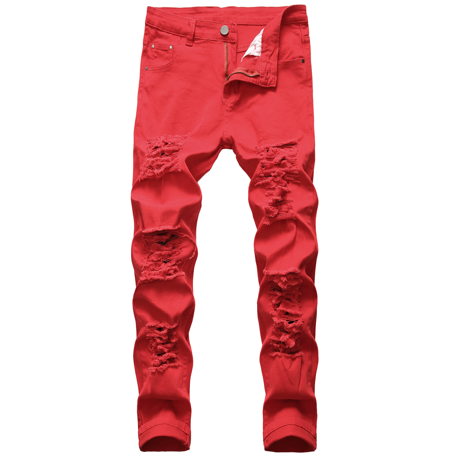 Cross-Border hombres casuales grandes pantalones elásticos rasgados slim fit Denim hombres multi-rasgado pantalones blancos