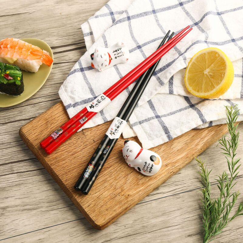 Exported to Japan, Classic Japanese Red and Black Lucky Cat Lacquered Chopsticks, Couple Chopsticks, Pointed Sushi Chopsticks, Japanese-Style Printed Chopsticks