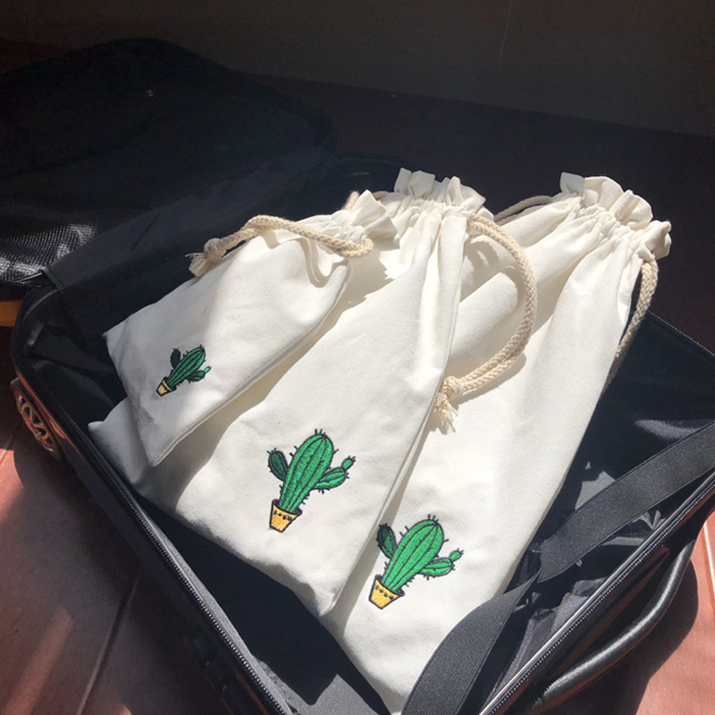 帆布袋收纳袋麻布袋抽绳旅行束口袋小布袋空袋子印logo仙人掌便携