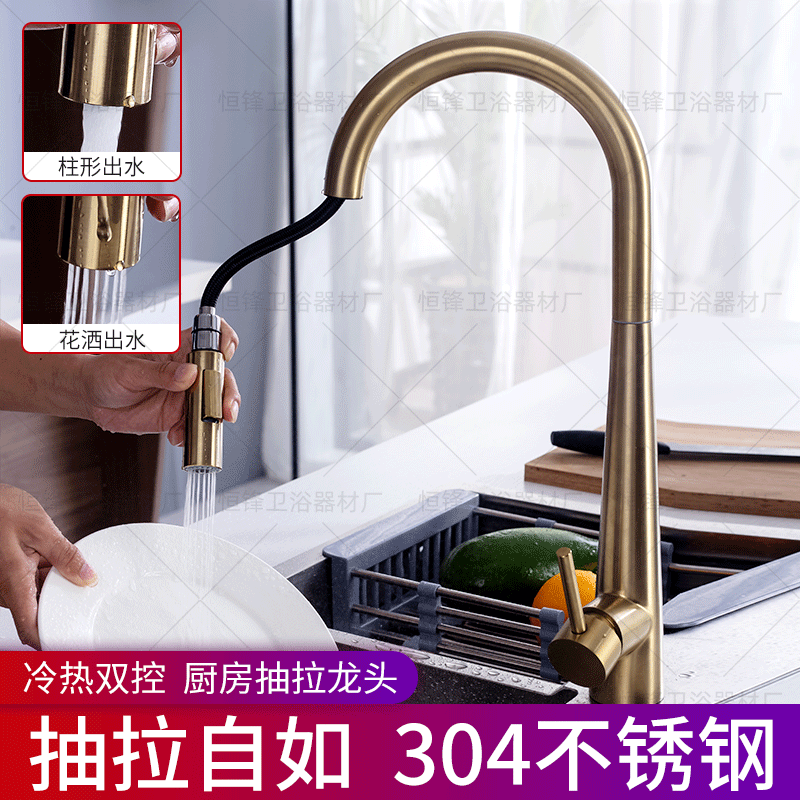 Gold Brushed Gold Kitchen Pull-Out 304 Stainless Steel Hot and Cold Faucet 304 Faucet Sink Vegetable Basin