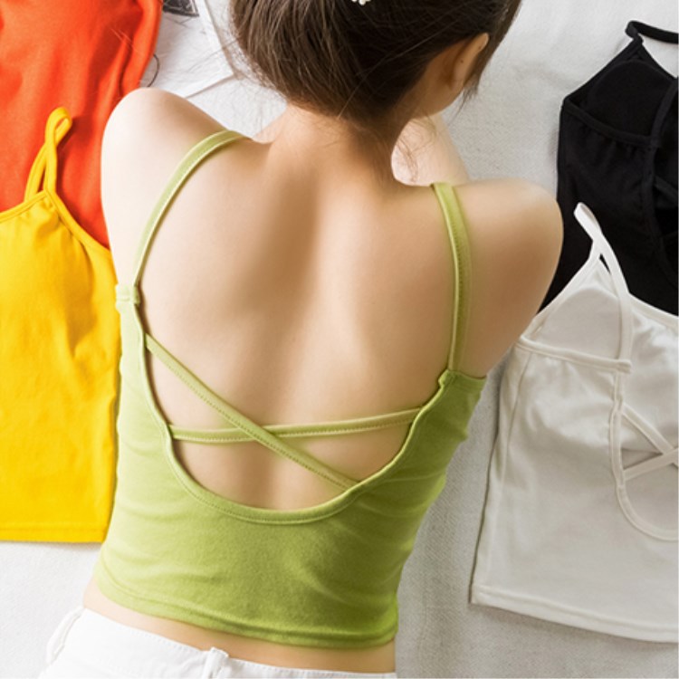 时尚韩版吊带背心牛油果绿荧光色大U交叉美背短款学生打底裹胸