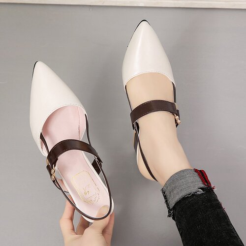 2024 Spring and Summer New Style Shoes for Women with Pointed Toe Thick Heel Baotou Women's Shoes Medium Heel Slotted Buckle High Heels Hollow Women's Sandals