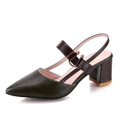 2024 Spring and Summer New Style Shoes for Women with Pointed Toe Thick Heel Baotou Women's Shoes Medium Heel Slotted Buckle High Heels Hollow Women's Sandals