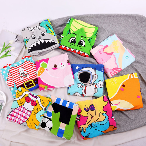 Cartoon Children's Cape Beach Towel Cape for Toddlers with Hat, Wearable Bath Towel Super Fine Fiber Sunscreen Swimsuit for Girls