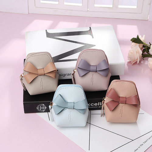 New college style bow PU leather mini wallet multifunctional portable coin storage bag zipper coin purse