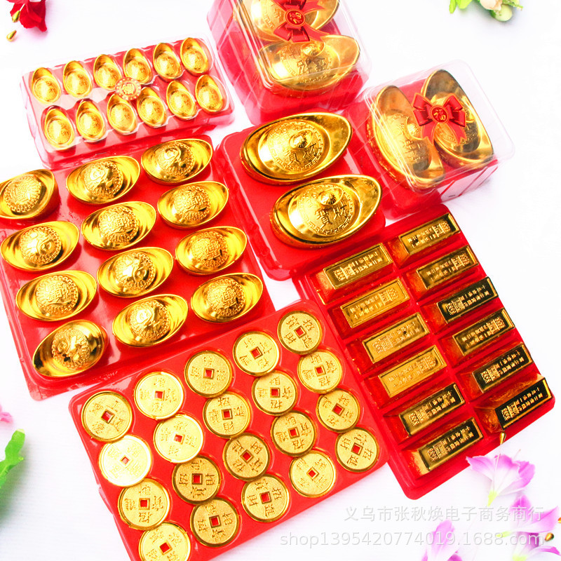 Boxed simulation gold copper coin piece gold ingot gold coin festive accessories Spring Festival New Year gold plated plastic gold bar decorations