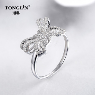 Creative Stylish Asymmetrical 0.5Ct Trapezoidal Au750 Bow Ring Female 18K Gold Jewelry 14K Gold Ring