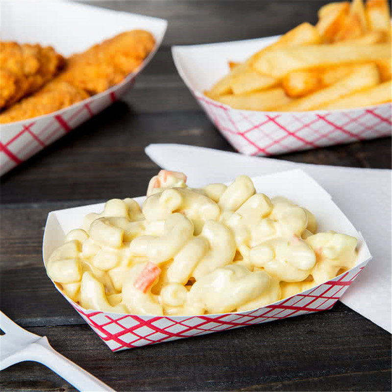 现货多种尺寸免折船盒红色网格派对食物托盘一次性小吃包装纸盒