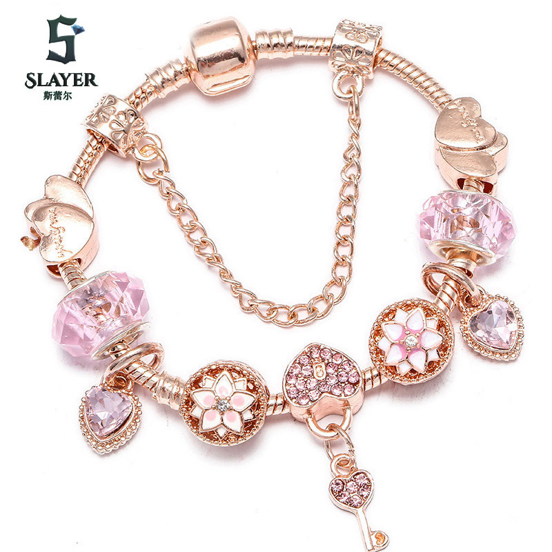 Foreign trade hot rose gold charm ladies bracelet key and love lock European and American trend crystal pendant gift