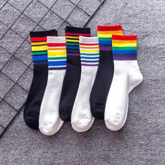 新品襪子彩虹潮襪棉中筒襪子 女士 個性運動滑板襪廠家直銷