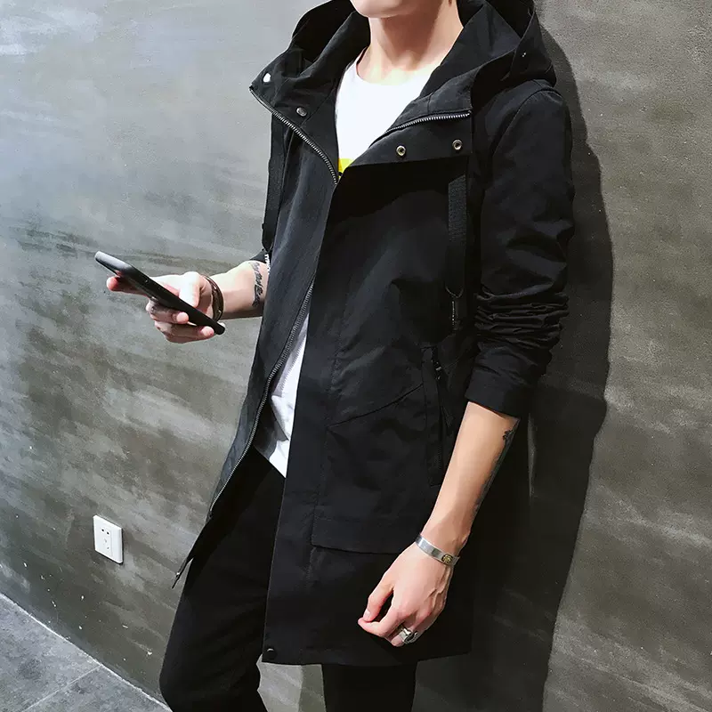 夹克男2025秋季新款韩版潮流中长款连帽外套青年修身帅气纯色风衣