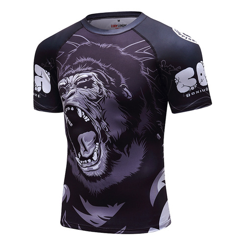 Autumn new 3D digital printed short-sleeved T-shirt animal pattern sports tights men's fitness clothing