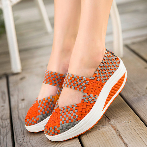 Four Seasons Women's Shoes for Middle-aged and Elderly Mothers Soft Sole Mid-Heel Elastic Woven Rocking Shoes Women's Shoes Heightening Travel Shoes