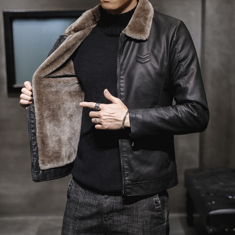 2019 New Men's Leather Jacket Men's Leather Jacket Lapel Middle-Aged and Elderly Men's Velvet Thickened Trendy Fur