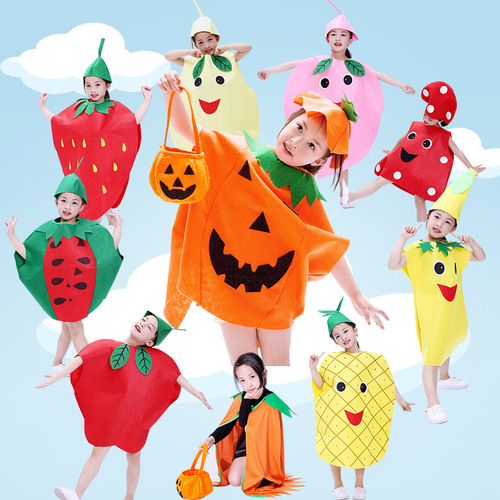 Children's Fruit and Vegetable Performance Costume for Kindergarten Play, including Apple, Pineapple, Strawberry, and Halloween Pumpkin Costume