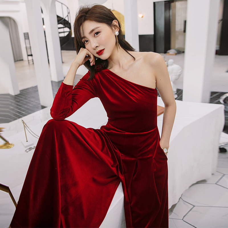 One shoulder sexy red velvet jumpsuit wide leg pants trousers red carpet engagement annual meeting dinner dress 5883