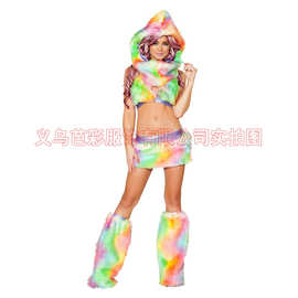 亚马逊热卖led彩色套装狂欢节cos服装帽子马甲裙子脚套一体仿皮草