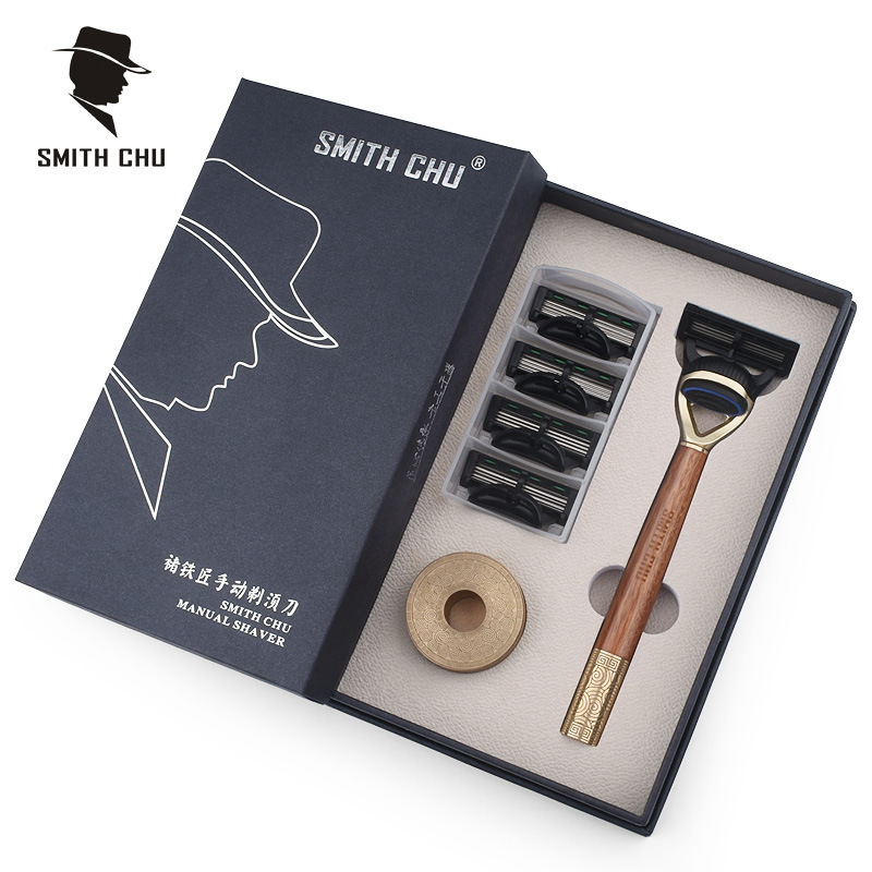 Factory Direct Sales Ebony Red Pear Wood Razor Manual Razor Men's 5-Layer Blade Head Razor Can Be Customized
