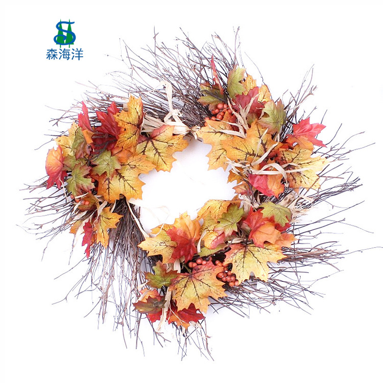 Venta directa de fábrica, corona de ratán con hojas de arce de otoño, festival de la cosecha de calabazas, corona del festival de la cosecha de otoño, decoraciones colgantes para puertas y ventanas