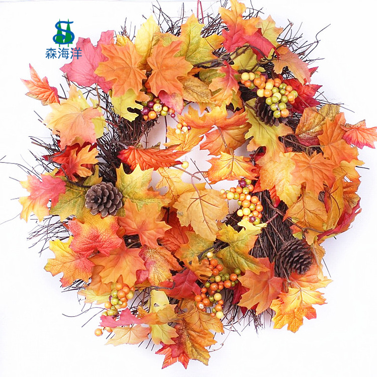 Venta directa de fábrica, corona de ratán con hojas de arce de otoño, festival de la cosecha de calabazas, corona del festival de la cosecha de otoño, decoraciones colgantes para puertas y ventanas