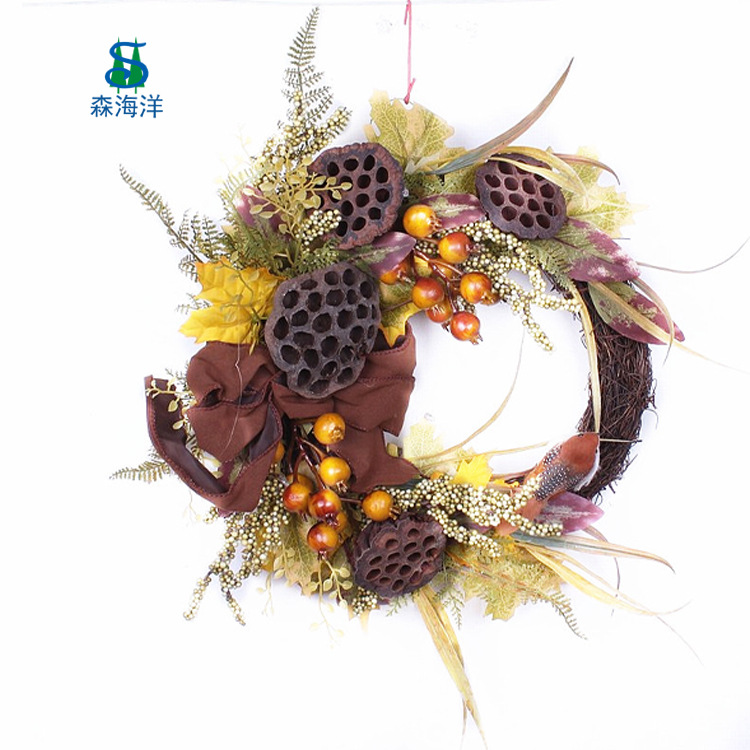 Venta directa de fábrica, corona de ratán con hojas de arce de otoño, festival de la cosecha de calabazas, corona del festival de la cosecha de otoño, decoraciones colgantes para puertas y ventanas