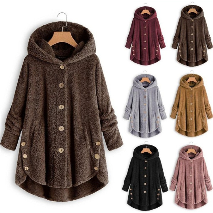 亚马逊ebay2024冬新时尚女装欧美纽扣毛绒上衣不规则潮牌纯色外套