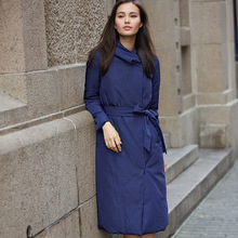 冬季新款气质女装风衣式加长款浴袍风连帽鹅绒服纯色修身外套