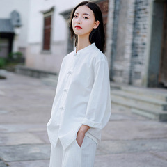 2025年秋 綿麻 中華風 レトロ 立襟 留め具付き 茶服 シャツ 瞑想 女性用 朝の運動 太極拳服