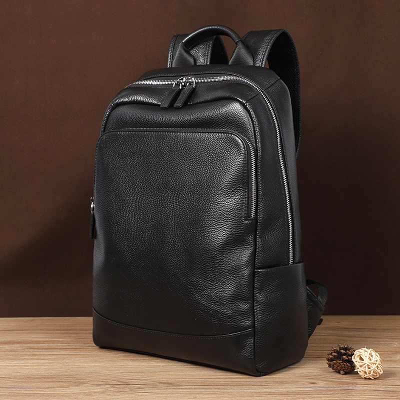 Ba lô nam da bò thật lớp đầu cỡ lớn 41×28×12 cm, ngăn laptop 14 inch chống nước — Màu đen