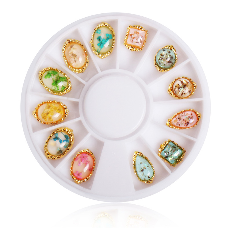 Joyería de disco de manicura especial transfronteriza Super Flash rhinestone perla Shell 12 rejilla Placa de diamante manicura joyería de aleación