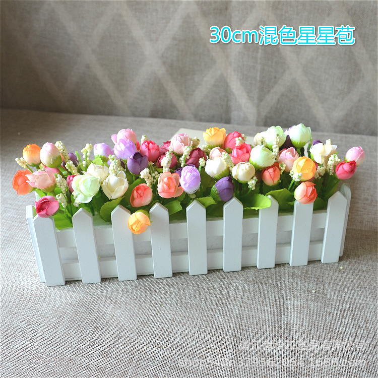 Casa sala de estar flor decorativa planta artificial traje de decoración de flores valla de madera decoración de flores artificiales olla pequeña ventana belleza