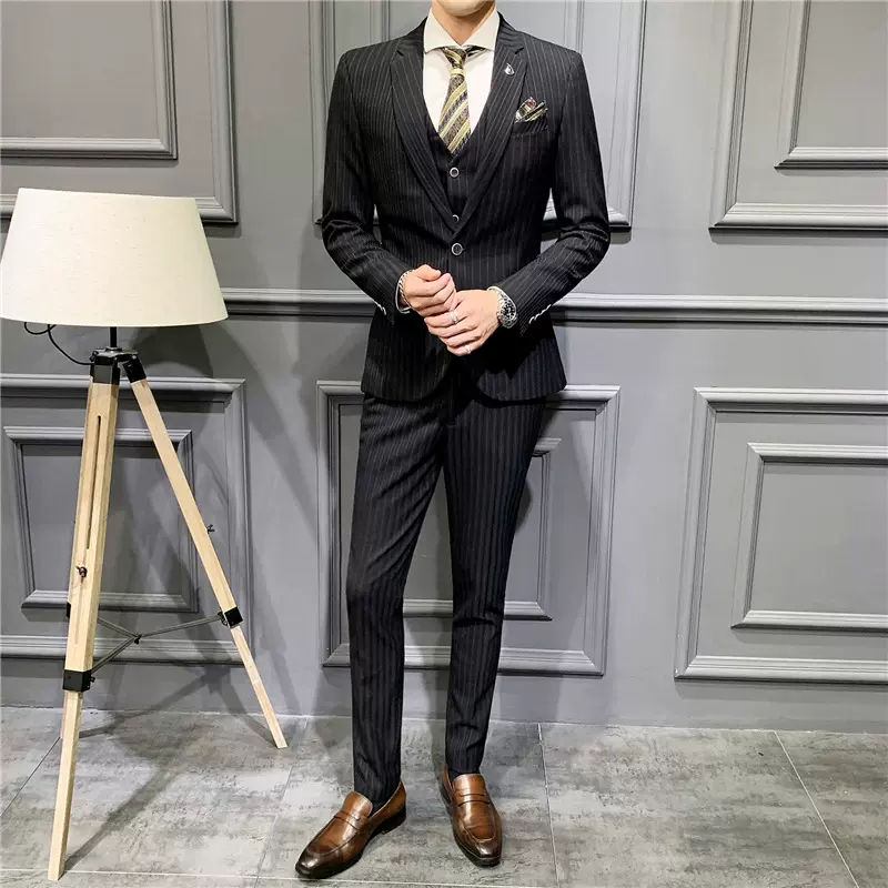 西服条纹套装男式三件套韩版商务西装修身帅气伴郎团新郎结婚礼服