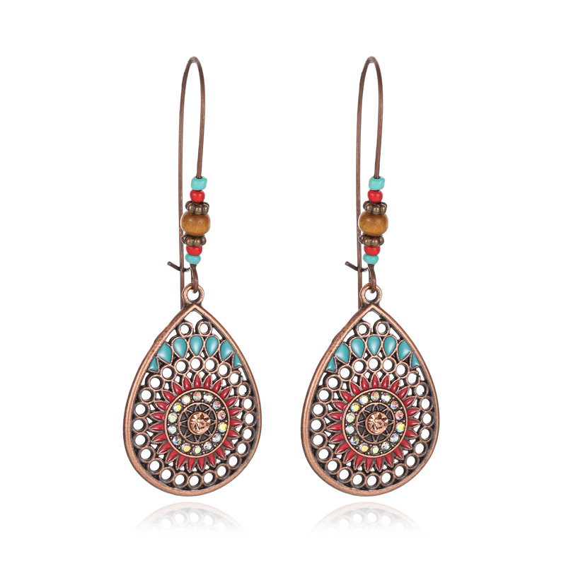 Orecchini da donna in bronzo antico con foglie di fiori cavi esagerati, stile etnico, pianta verde bohémien_voghion.com