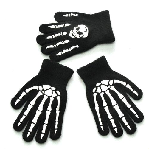 Winter Warmth Knitted Gloves for 5-11 Year Old Students, Halloween Night Light Skeleton Head Ghost Claw Gloves