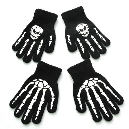 Winter Warmth Knitted Gloves for 5-11 Year Old Students, Halloween Night Light Skeleton Head Ghost Claw Gloves