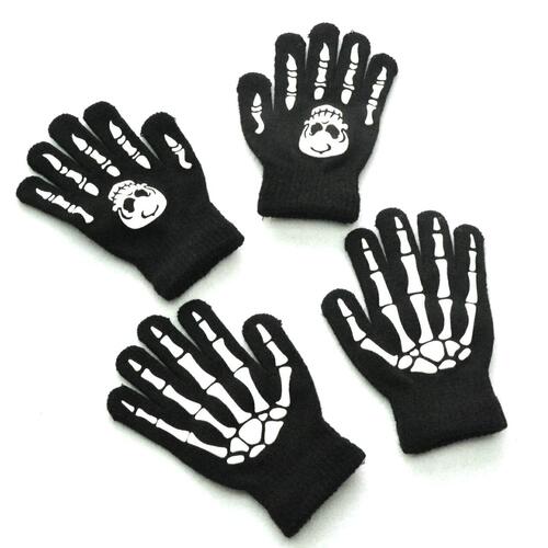 Winter Warmth Knitted Gloves for 5-11 Year Old Students, Halloween Night Light Skeleton Head Ghost Claw Gloves