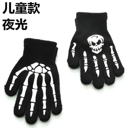 Winter Warmth Knitted Gloves for 5-11 Year Old Students, Halloween Night Light Skeleton Head Ghost Claw Gloves