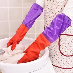 Purple sleeve latex fleece-lined warm flower sleeve laundry cleaning latex household gloves drawstring dishwashing long gloves