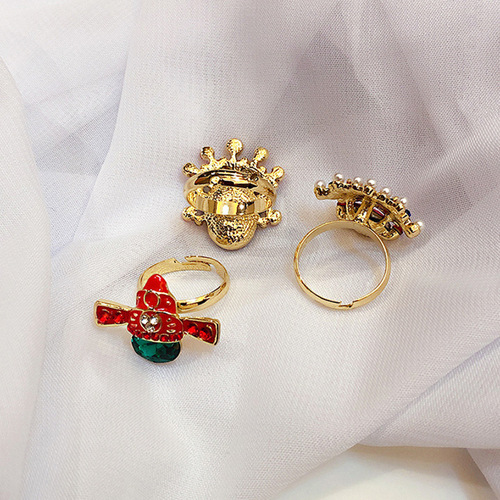 Chinese style Peking Opera facial makeup ring for women, ethnic style red crystal pearl index finger ring, Korean internet celebrity personalized ring trend