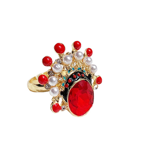 Chinese style Peking Opera facial makeup ring for women, ethnic style red crystal pearl index finger ring, Korean internet celebrity personalized ring trend