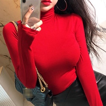韓國東大門春秋季新款妖紅色高領修身性感顯瘦舒適打底衫T恤女裝