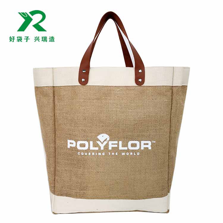 厚麻布皮革手提袋双条棉织带加固围口底部大方复古风棉麻包礼品袋