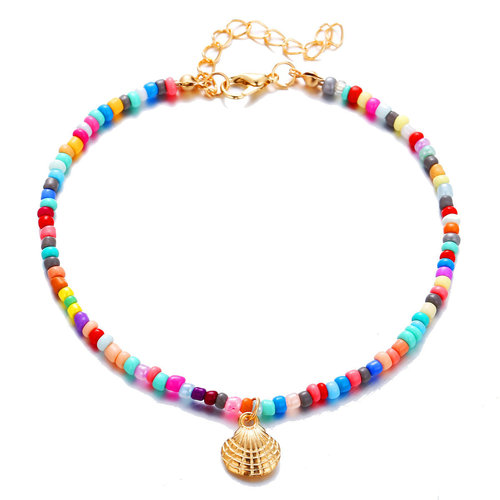 European and American cross-border jewelry Bohemian-style colorful bead ankle chain creative retro alloy scallop pendant ankle chain
