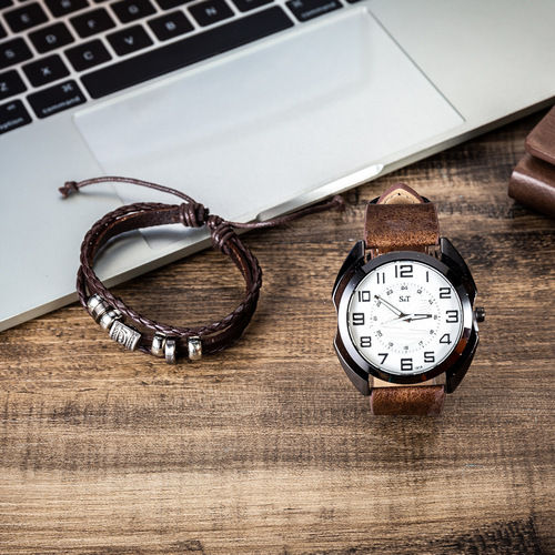 Men's Fashion Simple Belt Quartz Watch + Bracelet Set-2pcs/set Factory Direct Sales