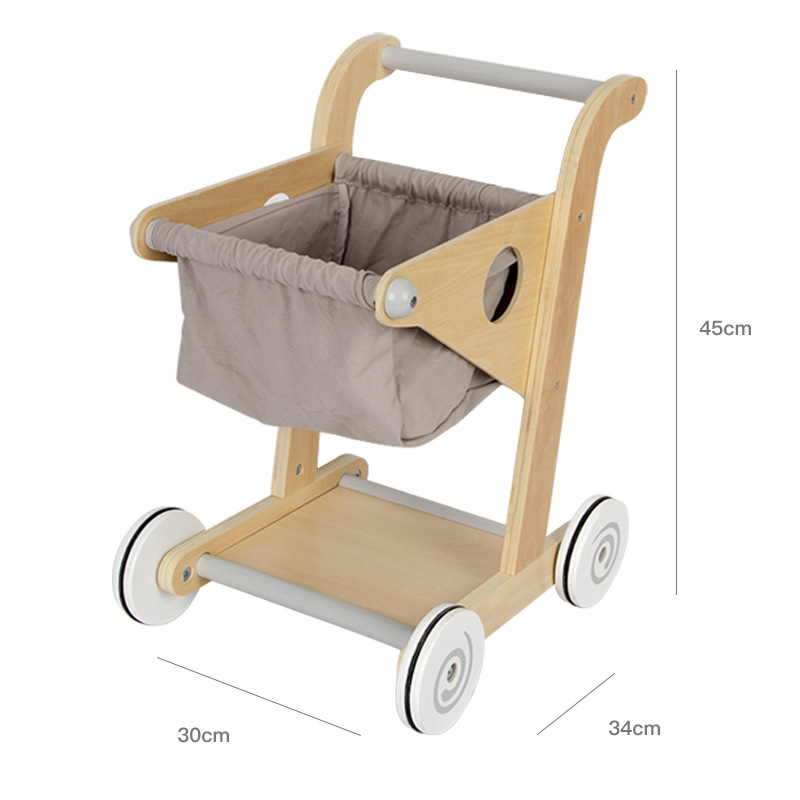 Juguetes de carrito de compras de madera para niños y niñas simulación de carrito de supermercado a través de la casa juego de juguetes de caminantes
