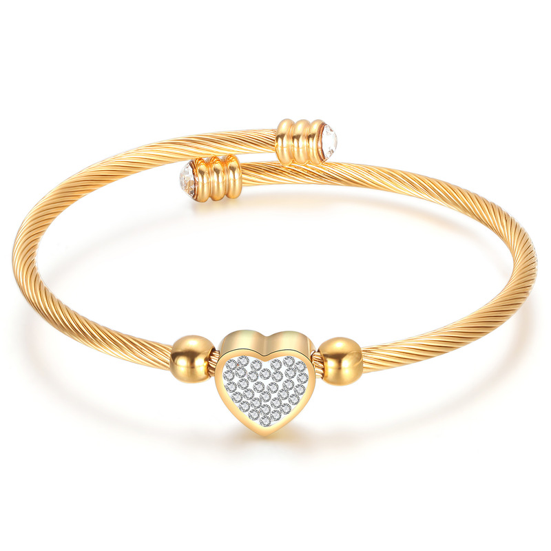 European and American Cross-Border Amazon Hot-Selling 11mm Stainless Steel Heart-Shaped Diamond-Encrusted Cable Wire Women's Adjustable Open Bracelet Wholesale