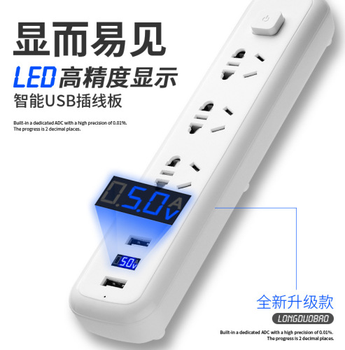 Smart home surge protector with display, USB outlets, for student dorms, multi-port with cord, high-power power strip