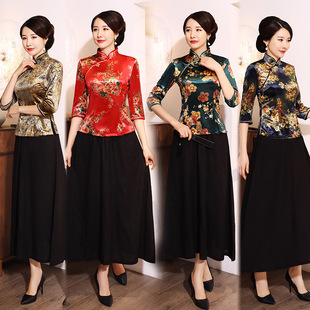 Spring Autumn Winter Golden Velvet Top Cheongsam Daily Performance Mother Dress Fashion Seven-point Sleeve Large Size Slimming Banquet