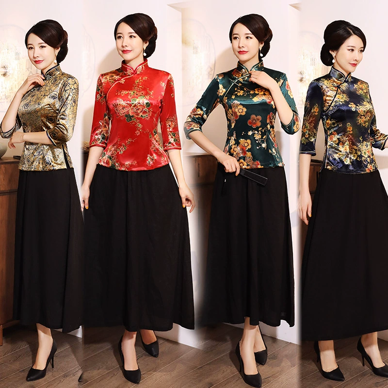 Весна Осень Зима Золотой бархатный топ Cheongsam Ежедневное платье для мамы Модное платье с семиточечным рукавом больших размеров для банкета