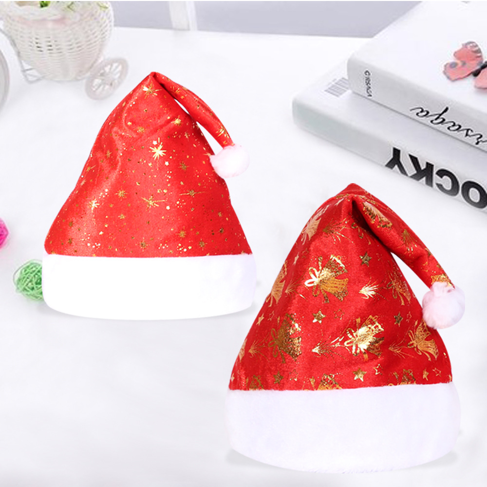 Gorro navideño con estampado dorado, gorro de terciopelo con lámina dorada gruesa, gorro navideño con decoración de campana y copo de nieve